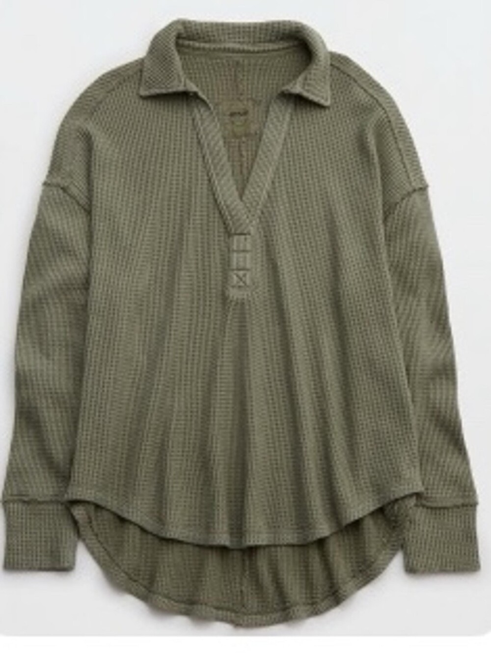 Aerie Size Small Oversized Moss Green V Neck Waffle-Knit Henley Polo Loose Fit - Picture 14 of 14